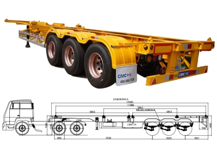 Specification: Overall L*W*H: 12400*2500*1550mm  Load weight:40 tons ~70 tons  Axles: 3x13 tons / 14 tons / 15 tons /16tons / 20 tons  Tire:12R22.5  Landing gear: JOST  Kingpin: 50(2inch)#or 90(3.5inch)# bolted type  Suspension: Airbag / Mechanical / bogie suspenion  Brake system: Wabco  Electric system: 24V / 12V + LED lights  Accessory: spare tire carrie + tool box  Remark: we can supply different specification for different road condition